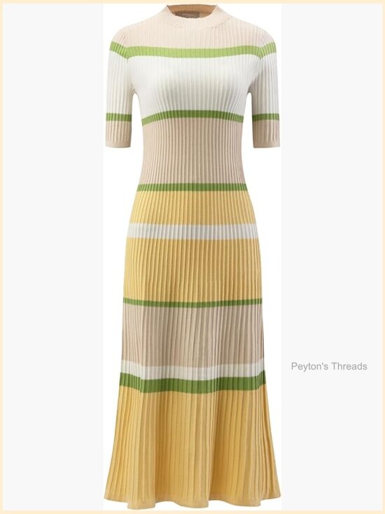 Dresses & Skirts - Women's Knit Striped Short Sleeve Midi Ribbed Sweater Dress